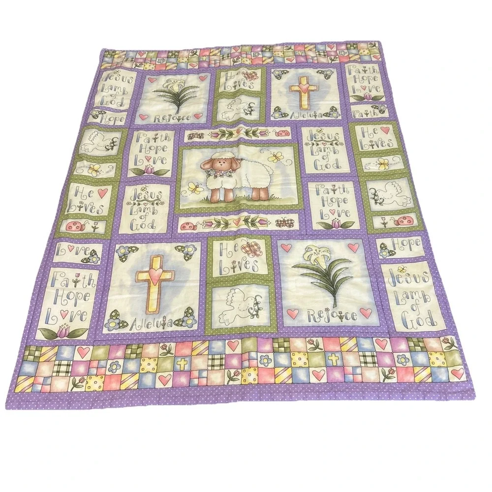 Religious Christian Lamb Cross Quilted Baby Blanket‎ 32x41 Handmade Nursery